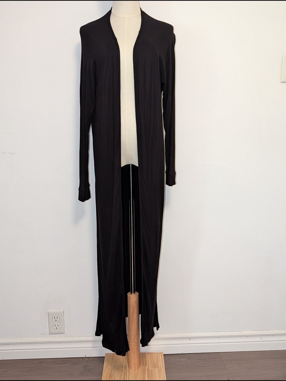 Black WaffleLong Open-Front Duster Cardigan